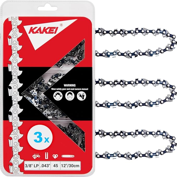 KAKEI Dewalt Chainsaw Chain 12 Inch 3/8" LP Pitch .043" Gauge 45 Drive Links Fits Dewalt 20V DCCS620, Milwaukee M18 FUEL, Kobalt 1224, WG350/ 380, LCS1240 - DWO1DT612, R45 (3 Chains) - Semi Chisel