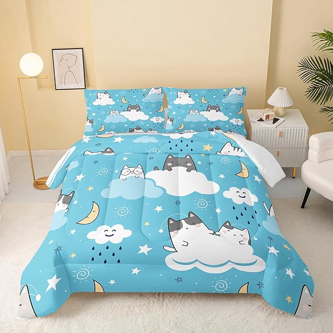 Cat Comforter Twin Size,Blue Cloud Cats Comforter Set for Kids Teens Girls Boys,3Pcs Bedding Set Printed Comforter with 2 Pillowcases,Down Alternative,Soft and Lightweight，Twin Size