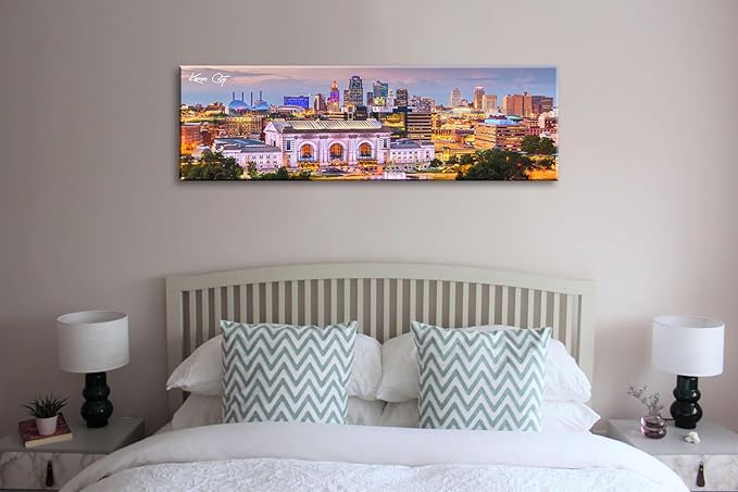 Pictures for Bedroom Kansas City Skyline Wall Art Canvas Prints Cityscape USA City Building Panoramic Night View Posters Modern Home Office Living Room Decoration Framed 13.8"x 45.3"