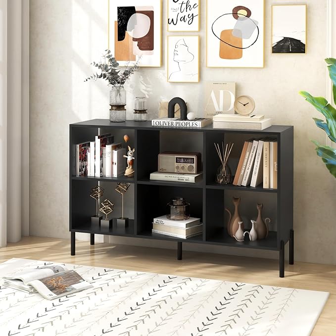 LOKO 6 Cube Bookcase, 3-Tier Floor Open Bookshelf with 5 Metal Legs, Cube Storage Organizer with Adjustable Shelves, Modern Display Shelving for Living Room, Study, Bedroom, Office (black)