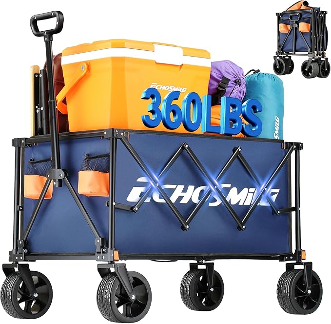 EchoSmile Collapsible Folding Wagon Cart 360lbs, Heavy Duty Garden Utility Cart with All Terrain Wheels, Large Capacity Outdoor Wagon for Camping, Beach, Shopping, Picnic (Blue Orange)