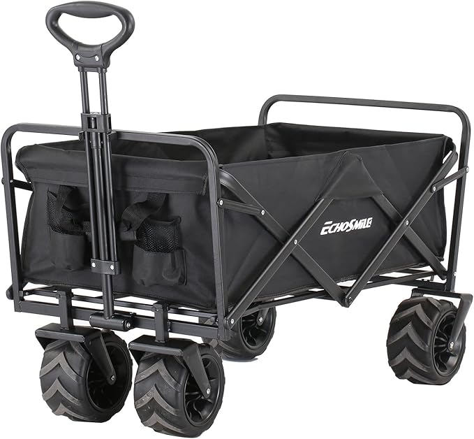 EchoSmile Heavy Duty 350 Lbs Capacity Collapsible Wagon, Outdoor Folding Camping Wagons, Grocery Portable Utility Cart, Adjustable Rolling Carts, All Terrain Sports Wagon with Big Wheels by Boahaus