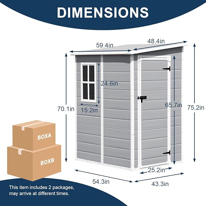 5x4 FT Small Resin Shed, Waterproof Outdoor Shed with Floor, Window, Double Lockable Doors & 2 Vents, Outside Plastic Sheds for Garden Patio Backyard, Sloped Roof, Grey