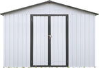 Sheds & Outdoor Storage 12 ft × 10 ft Storage Shed Large Classic Apex Roof Metal Garden Storage Sheds with Hinged Door Tool Cabinet for Backyard, Patio, Poolside, White + Gray
