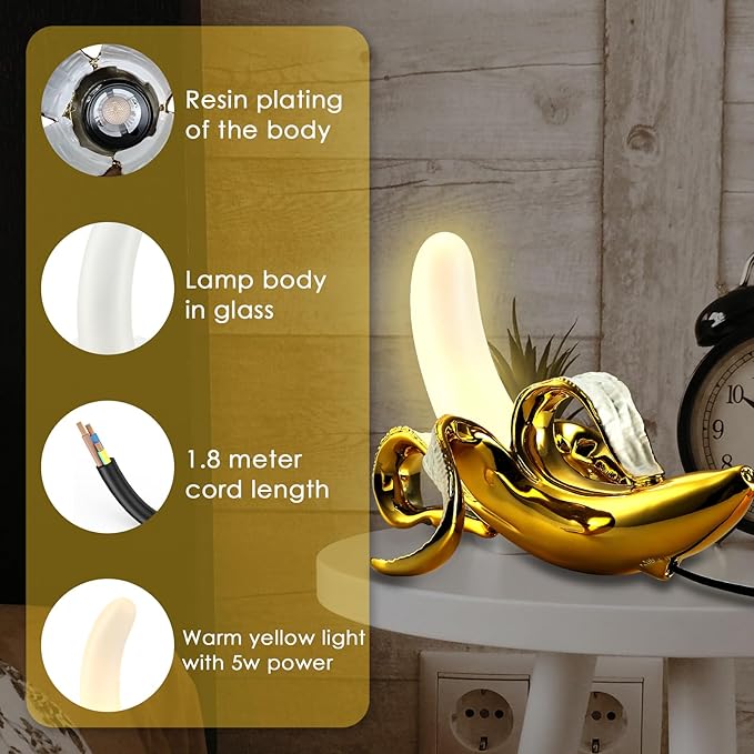 Modern Banana Table Lamp, Desk Lamp,Led Night Light Plating Resin Banana Lighting Fixture for Living Room, Bedroom,Home Office,Kids Room (Sitting-Plated)