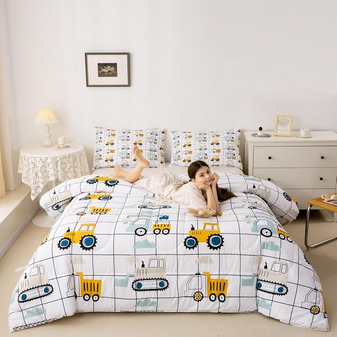 Feelyou Construction Truck Comforter Set Full Size Kids Machinery Truck Excavators Vehicles Comforter for Boys Teens Cartoon Tractor Bedding Set Excavator Tractor Plaid Grid White Duvet Set Quilt Set