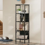 Furologee 5 Tier Tall Bookshelf with Back, Industrial Narrow Bookcase, Display Standing Shelf Units, Metal and Wood Storage Corner Shelves Organizer for Bedroom, Living Room, Entryway, Kitchen, Black