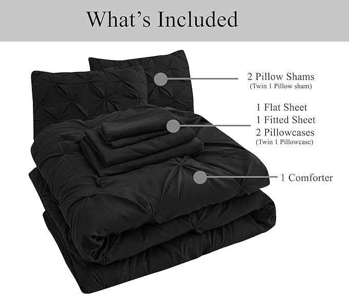 LANE LINEN Twin Comforter Set, 5 Piece Twin Bedding Sets, Ultra Soft Pintuck Twin Bed in a Bag Set with Down Alternative Comforter, Sheets, Pillowcase & Sham, Pinch Pleated Kids Bedding Set - Black