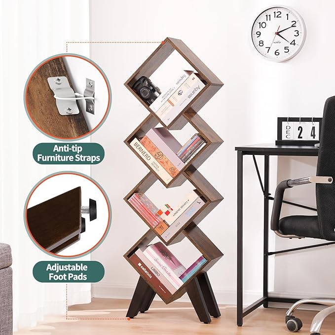 Yoobure Small Bookshelf, Tall 4-Tier Book Shelf, Wood Bookcase Book Organizer, Industrial Bookshelves Floor Standing for CDs/Books in Small Spaces, Bedroom, Living Room, Home Office