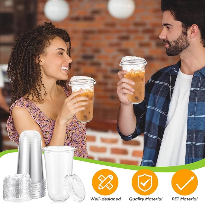 Ziliny 50 Sets Clear Plastic Coffee Cups with Sip Lids, Disposable Plastic PET Crystal Cups for Iced Coffee, Smoothie, Cold Beverage, Drink Shops and Party Catering(Clear,18 oz)