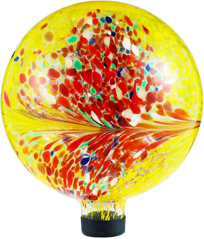 VOREEN 10-Inch Glass Gazing Ball, Outdoor Gazing Globe, Handmade Reflective Ball Yard Decoration for Homes, Patio, Lawn and Gardens, Gift for Mom Wife Friend, Phoenix Tail Design, Yellow