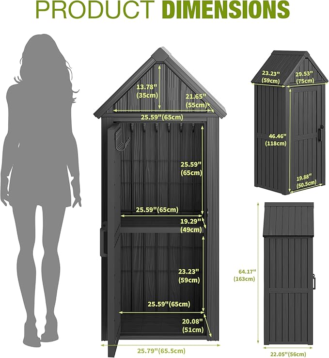 Outdoor Storage Shed – Durable Resin with Sloping Roof and Lockable Door, Waterproof Storage Cabinet with Ample Space, Multiple Hooks for Backyard, Garden, Patio & Lawn Black