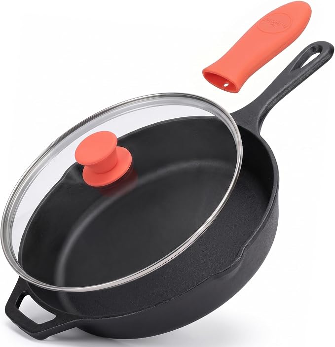 NutriChef 12-Inch Cast Iron Skillet w/Lid - Pre-Seasoned, Oven Safe, Nonstick, Cool-Touch Silicone Handle, For All Cooktops - NCCI12