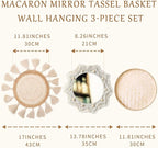 Boho Wall Basket Decor Set - Flat Woven Macrame Tapestry, Mirror White Round Tassels, Handmade Rattan Wicker Seagrass Wall Basket
