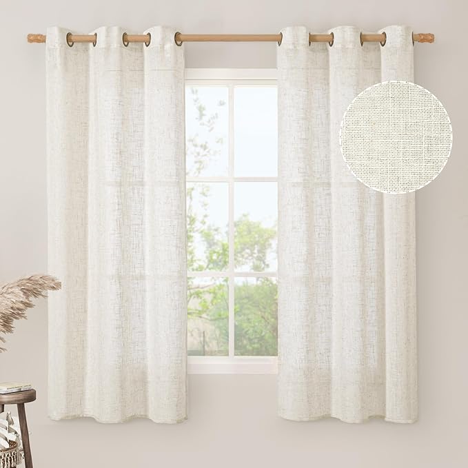 LAMIT Natural Linen Semi Sheer Curtains 63 Inch for Bedroom, Light Filtering Neutral Window Curtains Farmhouse Boho Bronze Grommet Panels, Natural Cream Ivory, 2 Panels, 38 x 63 Inch