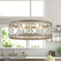 XINGQI 21.7'' Modern Farmhouse Chandelier Drum Pendant Lighting Fixture Hanging Ceiling Lamp for Living Dining Room Over Table, 5 Lights Antique Wood Grain Brushed Nickel with Round Metal