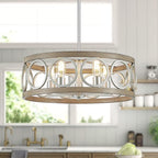 XINGQI 21.7'' Modern Farmhouse Chandelier Drum Pendant Lighting Fixture Hanging Ceiling Lamp for Living Dining Room Over Table, 5 Lights Antique Wood Grain Brushed Nickel with Round Metal