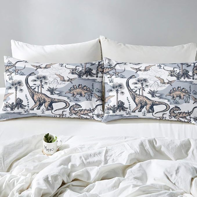 Erosebridal Kids Dinosaur Comforter Set,Dino Palm Tree Bedding Set King Size for Boys girls Teens Adult Bedroom,Ancient Animal Duvet Sets Mountain Tropical Botanical Quilted Duvet with 2 Pillow Cases