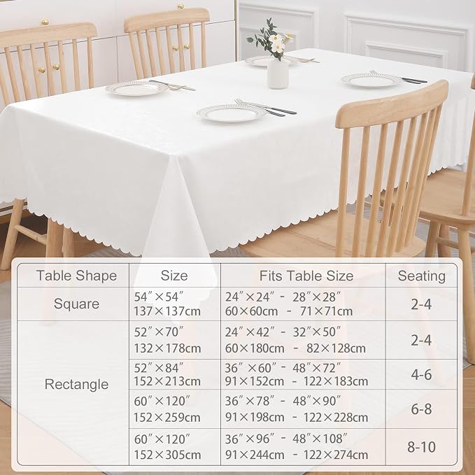 Smiry Rectangle Waterproof Heavy Duty Vinyl Tablecloths, 70 x 90 Inch | Wipeable Washable Floral Embossed Table Cover for Kitchen and Dining Room, Indoor & Outdoor Use, White