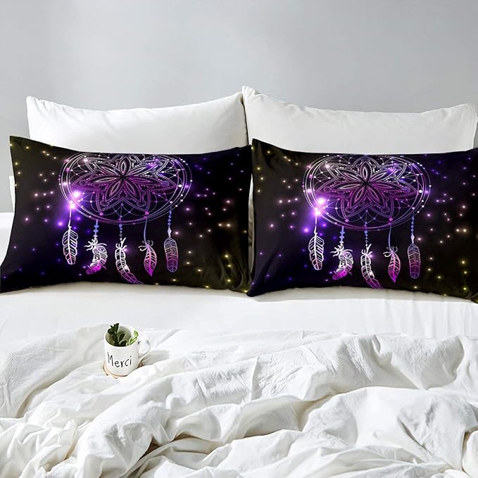 Erosebridal Dream Catcher Feather Comforter Set, Bohemian Mandala Down Comforter King Size for Kids Girls Boys, Starry Sky Galaxy Bedding Set Boho Tie Dye Exotic Flower Quilted Duvet, Purple