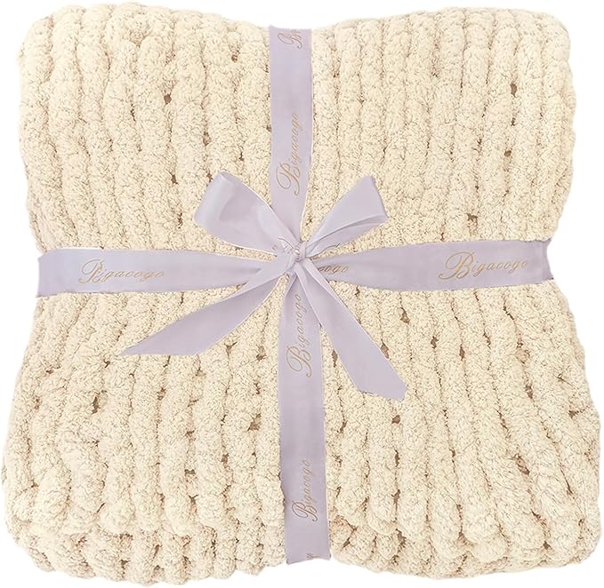 Bigacogo Chunky Knit Throw Blanket for Couch, 40x60 inches, 100% Hand Knitted with Thick Jumbo Chenille Yarn, Cozy Soft Large Rope Knot Cable Crochet Blankets for Sofa Bed Living Room, Beige