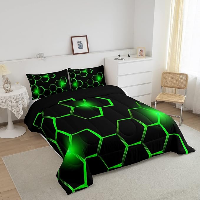 Honeycomb Kids Comforter Set Modern Geometry Hexagon Bedding Set for Boys Teens Decor Geometrical Comforter Beehive Geometric Black Green Duvet Set King Size with 3 Pillow Case Boys