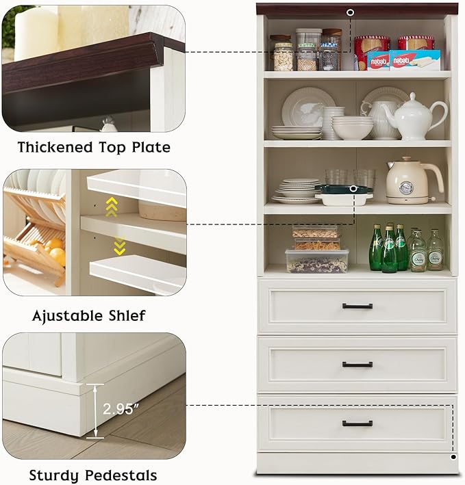 72" Tall Bookshlef with 3 Drawers, Farmhouse 4-Tier Bookcase with Adjustable Shlef, Wooden Storage Cabinet for Living Room, Kitchen, Home Office, Dining Room, White