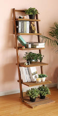 HYNAWIN 6 tier bookshelf ladder shelf-Large Bamboo Storage Shelves Wall Leaning Shelf for Garage, Kitchen, Office,Corner Display Bookcase