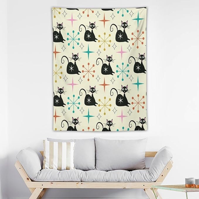 ICMOLYYENLO Abstract Cat Tapestry, Medieval Abstract Atomic Star Cat Vintage Home Wall Hanging Art Tapestry for Bedroom Living Room Dormitory 50x60 Inch