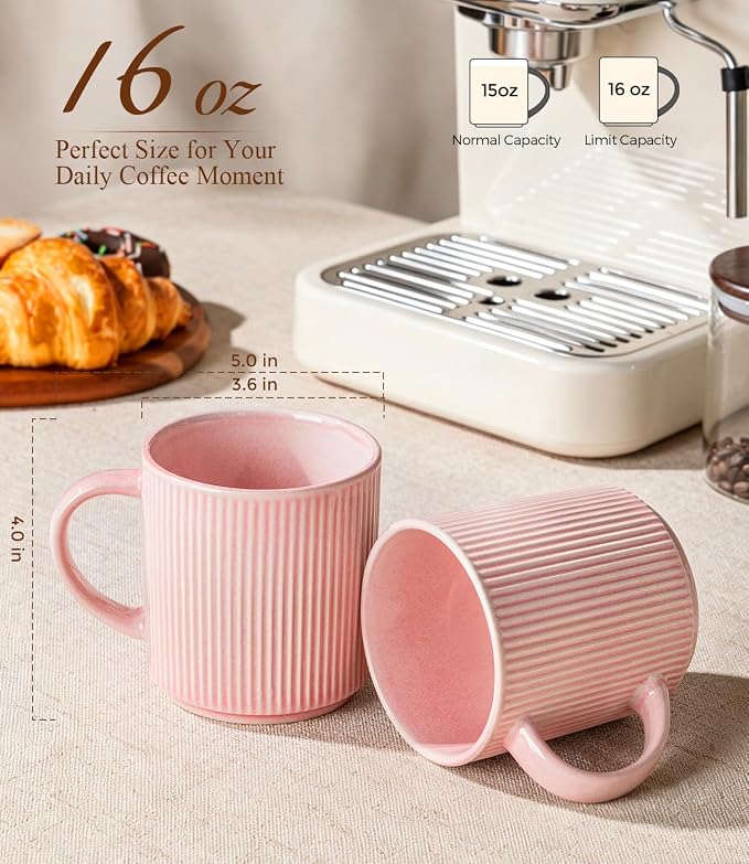 GBhome Coffee Mugs Set of 6，16 oz Coffee Cups with Handle | Cups for Latte, Tea, Cocoa & Milk, Ideal for Daily Use & Gifts, Microwave & Dishwasher Safe, Blush Pink