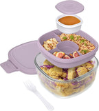 Bentgo Glass All-in-One Salad Container - Large 61-oz Salad Bowl with Lid, 4-Compartment Bento-Style Tray, 3-oz Sauce Container, and Reusable Fork - Dishwasher, Microwave, and Oven Safe (Lavender)