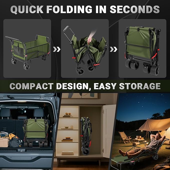 LEVELEVE Heavy Duty Folding Wagon - 2-in-1 Collapsible Cart, 650lb Capacity, All-Terrain Wheels w/Brakes & Side Pockets (Army Green)