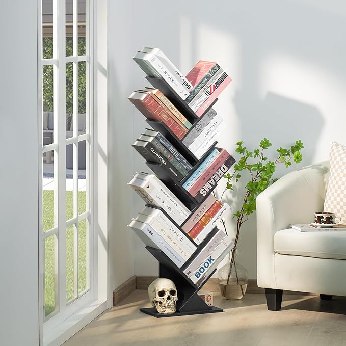10 Tier Tree Book Shelf, Floor Standing Wood Bookshelf for Narrow Space, Storage Organizer Bookshelves for Books/CDs/Magazine, Bookcase with Shelves for Home Office, Living Room - Black