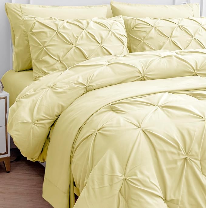 LANE LINEN King Comforter Set – 7 Piece Bed in a Bag – Pinch Pleated King Size Bedding Set with Comforter, Flat Sheet, Fitted Sheet, 2 Pillowcases & 2 Shams – Soft Pintuck Bed Set - Vanilla