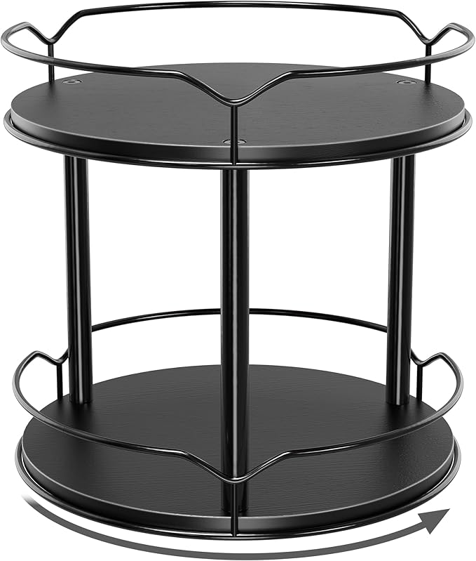 Lazy Susan Organizer 2 Tier - 9.2" Turntable Spice Rack for Table Top, Wooden Rotating Lazy Susan for Cabinet Pantry Kitchen Countertop Dining Table Cupboard Bathroom Vanity Storage(Black)