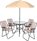 Nice C Outdoor Dining Sets, Patio Furniture Set, 8 Piece Set with Umbrella, Garden Outdoor Furniture Table Set with Tilted Removable Umbrella, Glass Table, and 6 Folding Chairs (Beige-6 Piece)