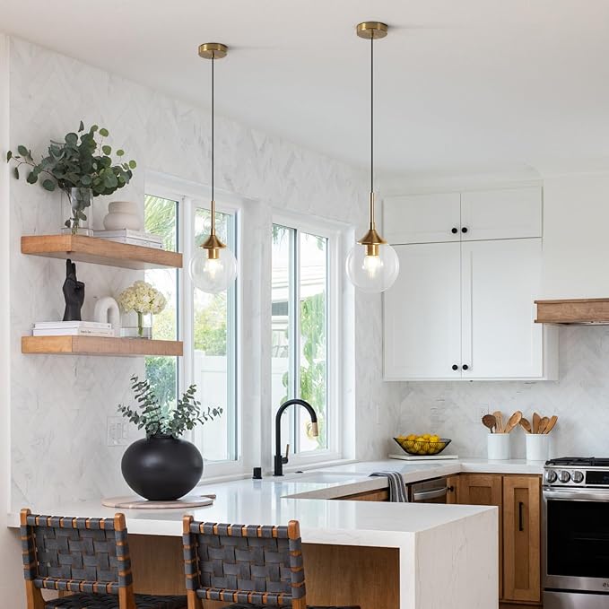 KCO Lighting Brass Gold Small 7.1” Clear Bubble Glass Globe Pendant Light | E26 Base, Sloped Ceiling, Mid Century Modern Adjustable Hanging Ceiling Lamp for Kitchen Island Sink Dining Table Bedroom Bar