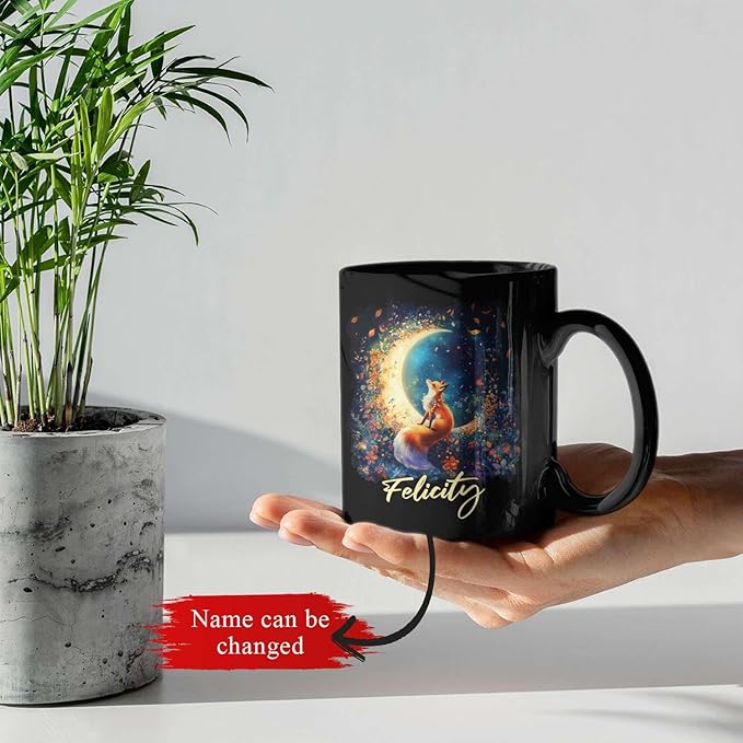 Personalized Name Ceramic Mug, Enchanted Forest Themed Decorative Cup, Custom Cute Fox With Crescent Moon Mug, Customized Floral Fox Coffee Cup 11oz 15oz, Animal Black Mug For Kids