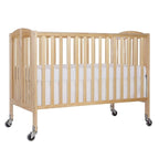 Folding Full Size Convenience Crib In Natural, Two Adjustable Mattress Height Positions, Comes With Heavy Duty Locking Wheels, Flat Folding