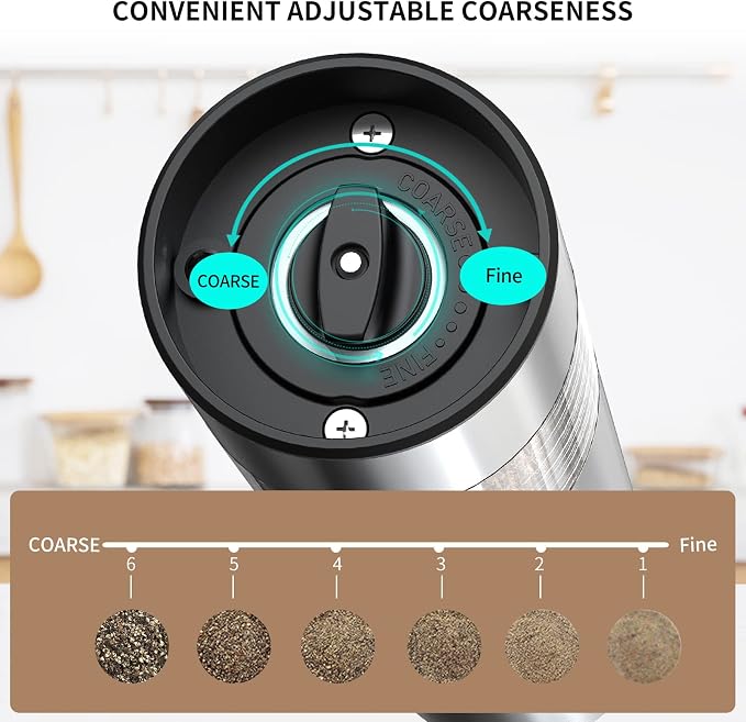 CIRCLE JOY Electric Salt and Pepper Grinder Set Stainless Steel Spice Grinder Automatic Pepper Mills with Easy-to-Carry Dual Charging Station, White Led Light, and Adjustable Coarseness, Silver