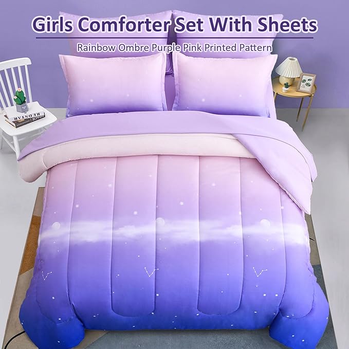 Dinjoy Girls Comforter Set Full Size Colorful Rainbow Ombre Purple Lavender Pink Bedding Set Gradient 7 Pieces Bed in A Bag for Kids Teen Girl Women(1 Comforter, 1 Flat Sheet, 1 Fitted Sheet)