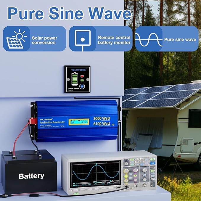 3000 Watt Pure Sine Wave Power Inverter 3000W 12V to 110V 120V AC, 6000W Surge Peak Power for 2 Seconds, UL Fuses, Compatible with Lithium Battery, Car Off-Grid Solar RV Truck Vehicle VOLTWORKS