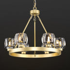 Gold Wagon Wheel Chandelier, 24 Inch Brass Chandeliers with Unique Glass Shade, 6-Light Crystal Farmhouse Wagon Wheel Chandeliers for Dining Room, Round Chandelier for Living Room, Foyer, Entryway