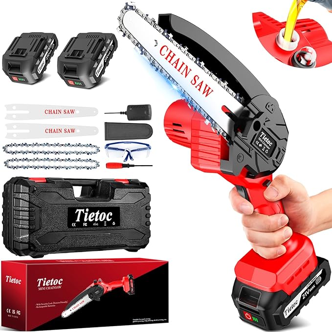 Tietoc Cordless Mini Chainsaw 6 Inch [Women Friendly] Small Chainsaws Battery Powered, Electric Saws With Security Lock & Auto Oiler System, Super Handheld Rechargeable Chain Saw For Wood/Tree Cutting