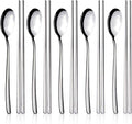 IQCWOOD Spoons and Chopsticks Set, 5 Pairs Stainless Steel Flat Chopsticks, 5 Set Korean Spoons, Metal Reusable Chop Sticks Dishwasher Safe for Home, Kitchen or Restaurant