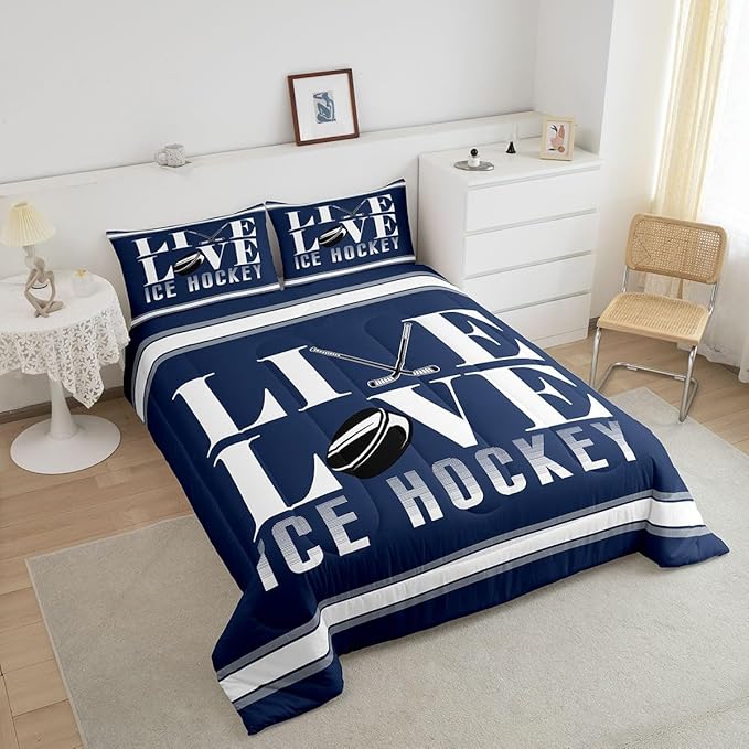 Feelyou Ice Hockey Bedding Set Queen Size Ice Sports Games Comforter Set for Kids Boys Girls Decor Hockey Player Comforter Microfiber Puck Hockey Duvet Set Bedroom Quilt Set