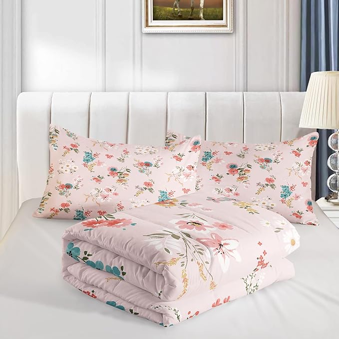 Floral Comforter King Size,Pink Floral Kids Comforter Set,3Pcs Bedding Set Printed Comforter with 2 Pillowcases,Down Alternative,Soft and Lightweight,for All Seasons