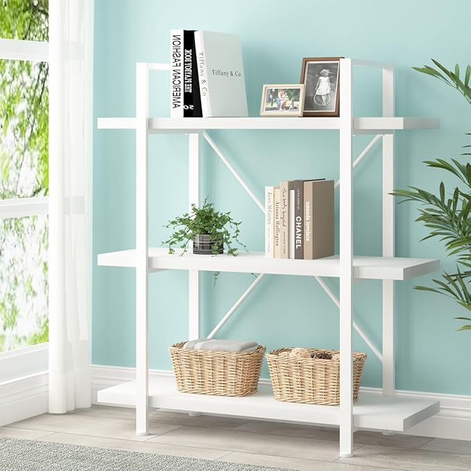HSH 3 Tier White Bookshelf, Modern Small 3 Shelf Bookcase, Industrial Metal Wood Storage Shelves and Display Book Rack, Farmhouse Open Low Book shelf for Bedroom Living Room Office, White Oak