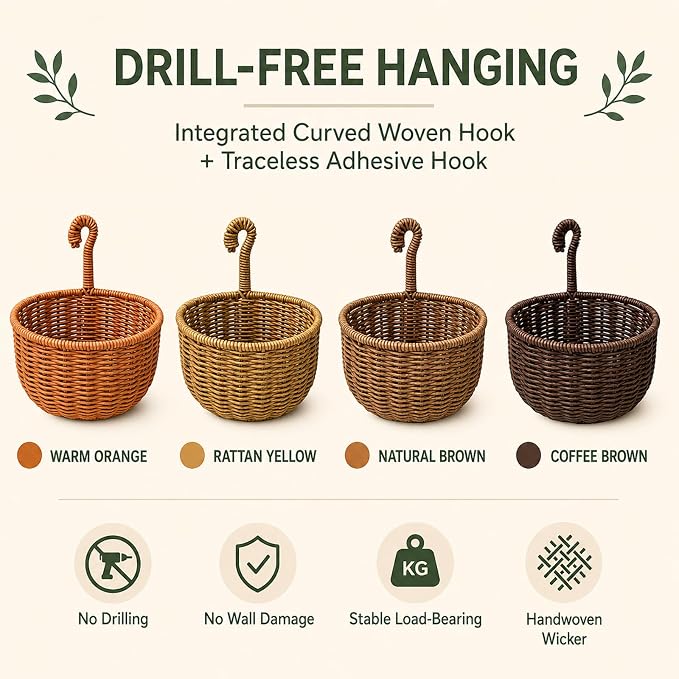 2 Pack Hanging Wall Storage Basket, Woven Rattan Organizer，COFFEE BROWN | Rustic Hand woven wall organizer with hook for kitchen, bathroom and entryway storage, Space-saving decor for modern homes