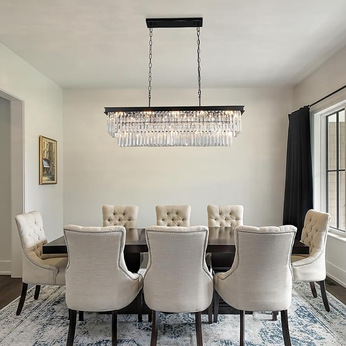 Crystal Chandeliers for Dining Room Light Fixtures Over Table，15-Lights Black Modern Rectangle Chandeliers for Kitchen Island Bar L40 Inch